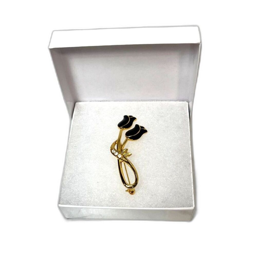 Vintage Tulip Brooch Gold Toned Black Enamel April Birth Flower Floral Gift